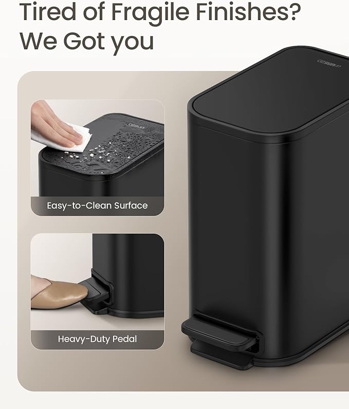 Cesun Small Black Bathroom Trash Can with Lid Soft Close & Pedal, 1.3 Gal | Removable Inner Bucket, Slim Stainless Steel Garbage Can for Bedroom/Office, Included 5 Trash Bags, Hidden Bag, Built to Last