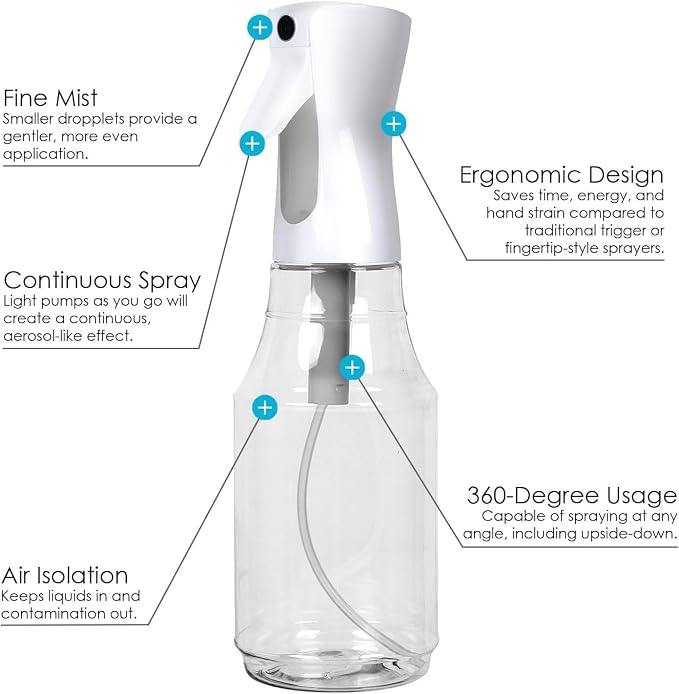 Continuous Spray Water Bottle, Hair Mist Sprayer, White, 24 Oz, 3 Pack, 10", Ultra Fine, Solvent & BPA Free Clear Plastic, Pressurized Mister, With Pump, For Stylist, Salon, Barber