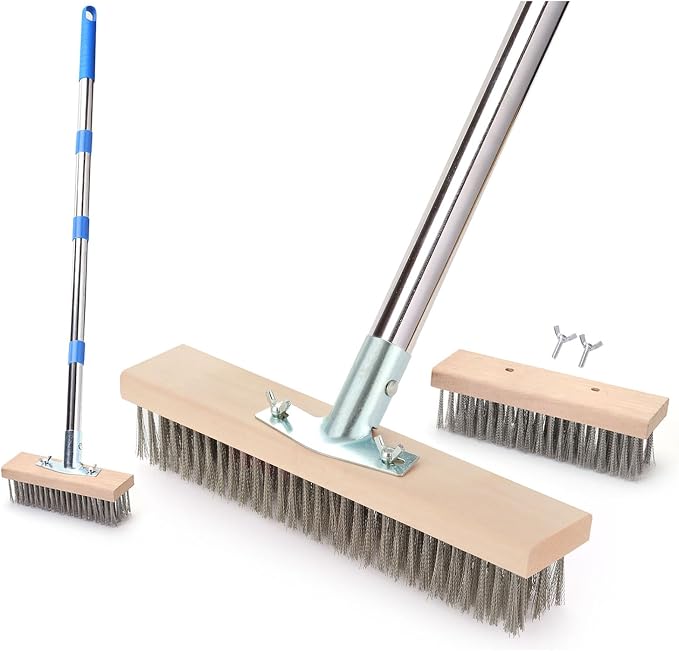MAXMAN Wire Scrub Brush 2PCS, 63" Stainless Steel, Patio Floor Cleaning | 12" Brush Heads, Heavy Duty Large Wire Brush, Stiff Metal Bristle Floor Scrubber, Wire Broom for Deck, Concrete, Moss Removal