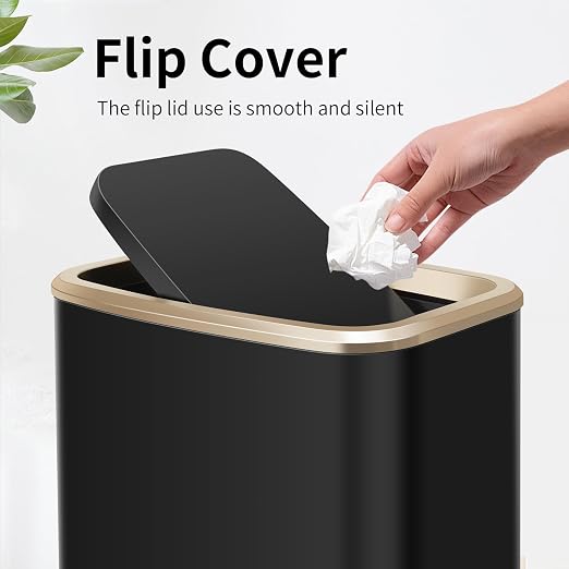2 Gallon Small Office Bathroom Trash Can with Swing Lid,Living Room Bedroom Garbage can Wastebasket bin,Inner Bucket, Metal Decor Trash Can (Black Gold)
