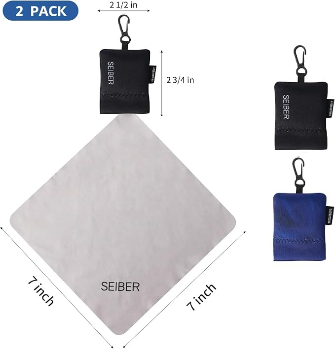 SEIBER Microfiber Eyeglass Cleaning Cloth,with Neoprene Pouch,2PCS, BK Blue | 7x7 inch For Glasses, Laptops, Cameras, Screen,Self-Closing Bottom