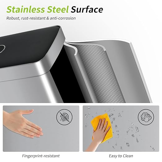 Kitchen Trash can Brushed Stainless Steel Dual Trash can 2 x 8 Gal Garbage Can Kitchen Step Trash Can with Soft-Close Lid Mute Designed Trash Bin for Office, Silver