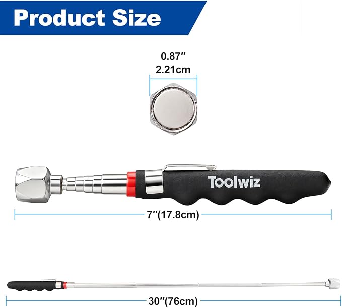 Toolwiz 15" Rolling Magnetic Sweeper with Telescopic Magnetic Pick Up Tool | 10lbs Capacity Sweeper, 16lb Magnetic Pick Up Tool, Lightweight with Wheels, For Nails, Screws & Metal Debris