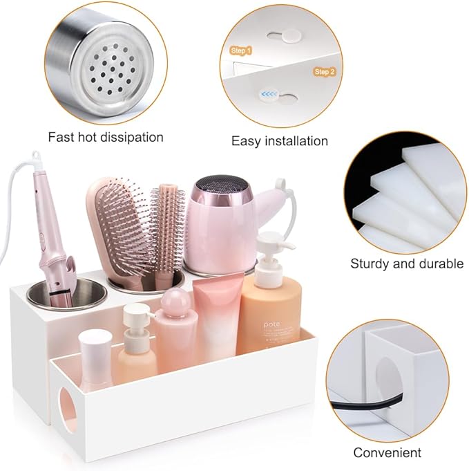 GFWARE Hair Tool Organizer with 3 Stainless Steel Cups, Cooling Hot Tools | Bathroom Vanity Storage, Hair Styling Accessorier Hair Dryer, Blow Dryer, Curling Iron, Flat Iron, Hair Straightener