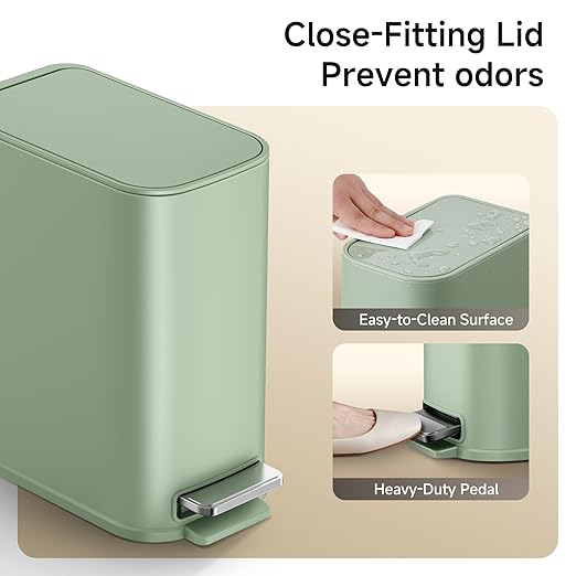 TIPGO Small Bathroom Trash Can with Lid Soft Close,1.3 Gallon, Green | Step Pedal, Removable Inner Bucket, 5 Liter Slim Stainless Steel Garbage Can for Bedroom, Office, Kitchen