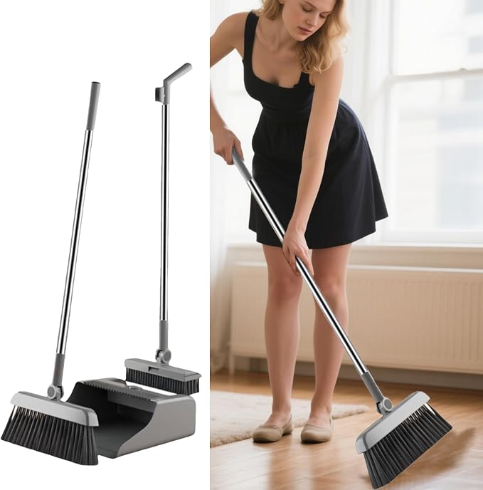 Broom with Dustpan Combo Set 3 Pieces Rust Proof Cleaning Tool Gadgets | Broom With Dust Pan for Home Kitchen Apartment Indoor Outdoor Floor Dorm Garage