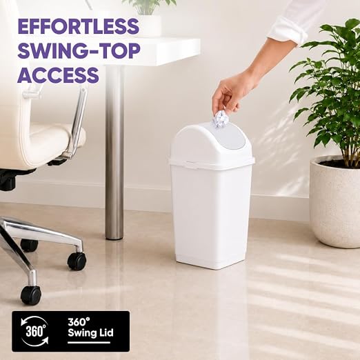 Superio Small 2.5 Gallon Plastic Trash Can with Swing Top Lid, Compact Slim Waste Bin for Under Desk, Office, Bedroom, Bathroom, Dorm Room, 10 Qt. Portable Garbage Can (White)