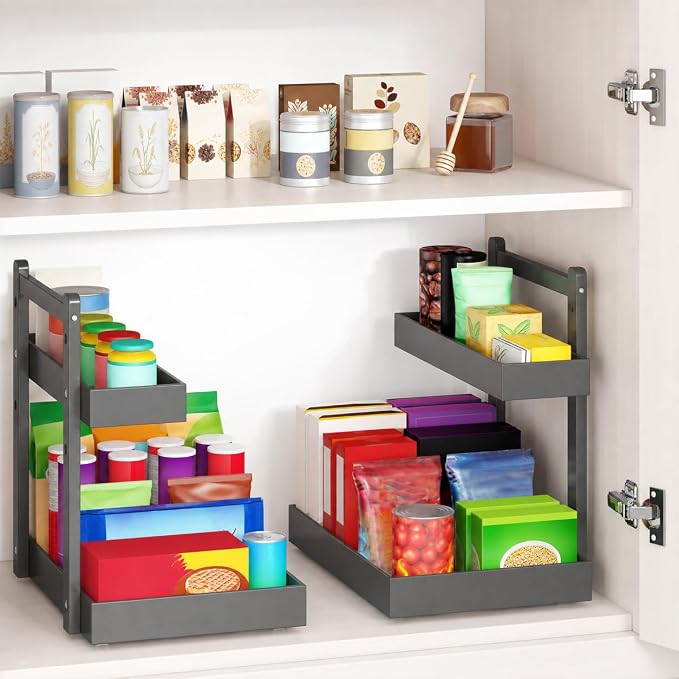 Bamboo Under Sink Organizer 2 Pack, 2-Tier Pull Out Cabinet Organizer | Kitchen Sink Organizer | Bathroom Cabinet Organizer | Cleaning Supply Storage | L-Shape | 3-Level Adjustable | Natural Bamboo