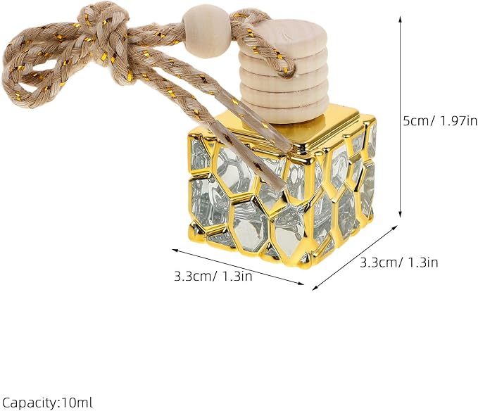 3pcs Ml Refillable Hanging Perfume Bottle with Compact Square Design, Made of Wood, Glass, and Aluminum Alloy, for DIY Perfume Creation and Travel, Elegant Golden Car Air Freshener