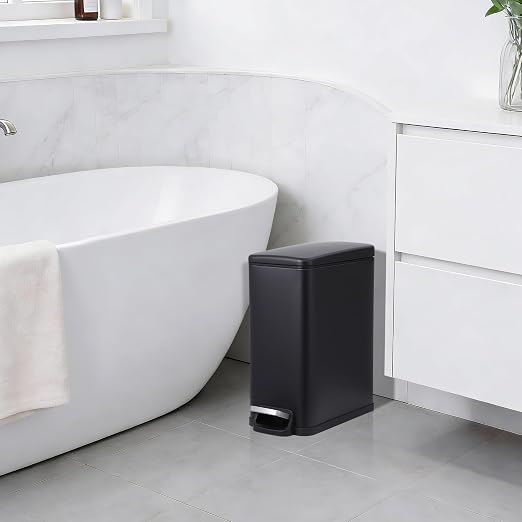 Slim Narrow Kitchen Trash Can with Lid, 10L Stainless Steel Step Pedal Garbage Can, Soft Close & Stay Open Lid Design, Space Saving Trash Bin with Removable Inner Bucket for Kitchen, Bathroom,Black