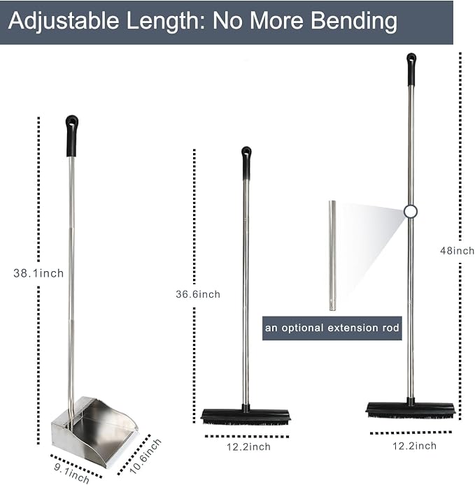 Rubber Broom and Dustpan Set,Pet Hair Removal Rubber Broom with Squeegee and Stainless Steel Dust Pan,Carpet Rake Push Broom and Dustpan for Fluff Hardwood Floor Tile (Black)
