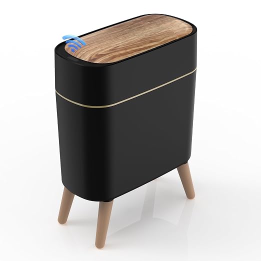 suyika Automatic Trash Can, 2.6 Gallon/10L Bathroom Trash Can with Lid | Wood Grain Lid and Legs, Touchless Waterproof Garbage Bin for Bedroom, Bathroom, Office, Living Room