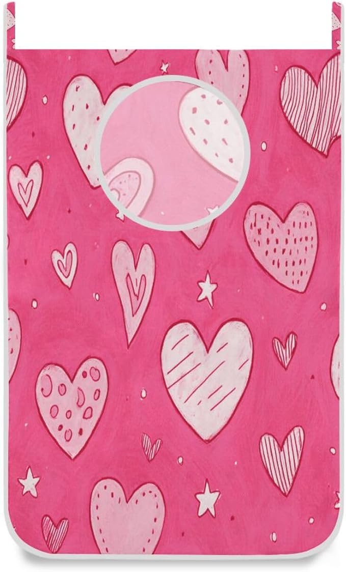 Hot Pink Hearts Stars Hanging Laundry Hamper Door Hampers Bag Basket with Stainless Steel Hooks Oxford Fabric Printing Decorative Clothes Bags 29.5X20inch 1Pack