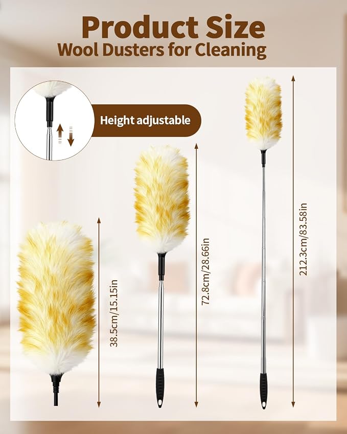 Extendable Wool Duster, 18-48 Inch Long Handle Duster with Natural Fluffy Wool Head, Dusters for Cleaning Ceiling Fans, Blinds, High Ceilings, Furniture, Washable & Reusable