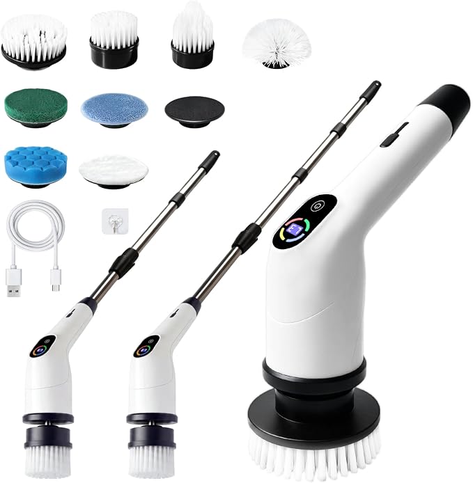 Electric Spin Scrubber Upgraded Cordless Power Cleaning Brush | IPX7 Waterproof, 3 Speed, 180-Minute Battery Life, with 8 Replaceable Heads and Adjustable Extension Handle and LED Display