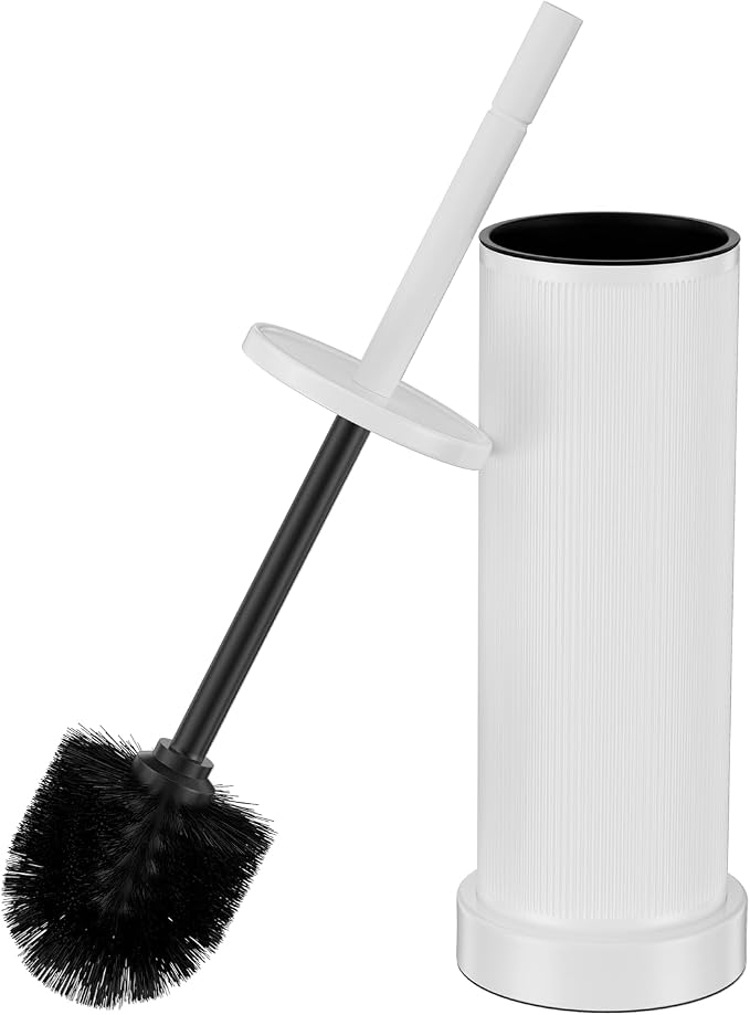 Metal Vertical Grain Toilet Bowl Brush and Holder Set Scrubber White | Extra Long Handle with Splash Guard Cover, Bathroom Space-Saving, Heavy Durable Deep Cleaning, Cleaner Sets for Apartments