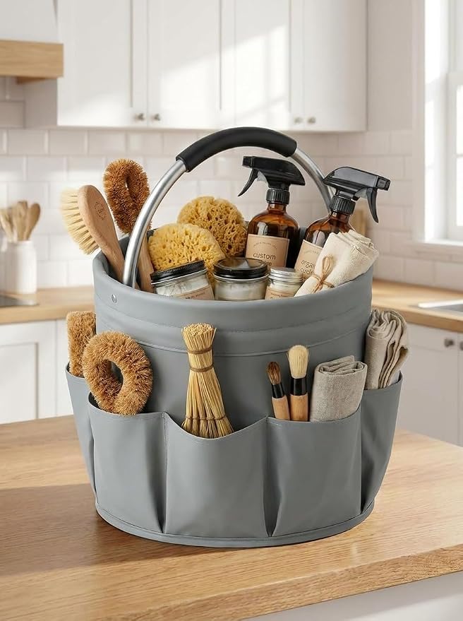 Cleaning Caddy, 17L Foldable Basket with Handle, 6 Pockets - Supply Organizer (Gray)