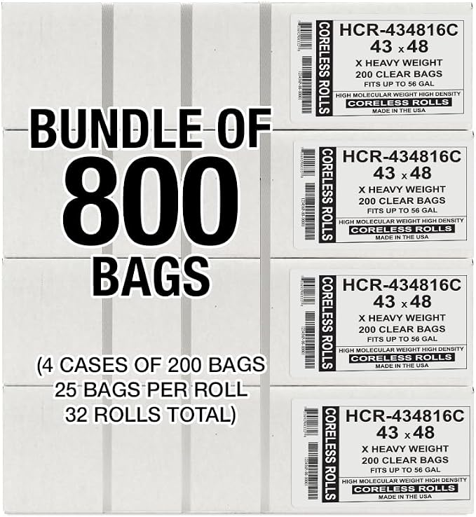 Aluf Plastics 56 Gallon 16 Micron (eq) Clear Trash Bags 43" x 48" 800 Count