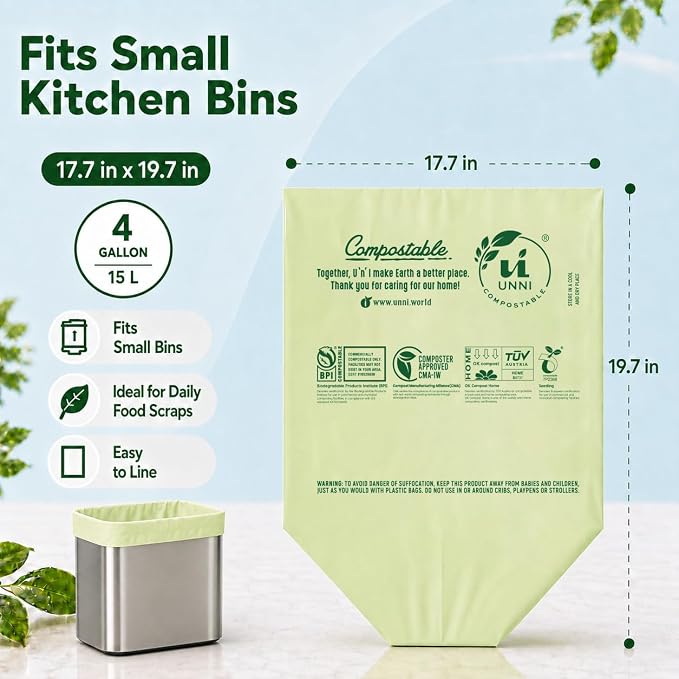 UNNI 4 Gallon Compostable Bags, 100 Count, 15 Liter, Extra Thick 0.75 Mil | Small Compost Bags for Kitchen Food Scrap Bins & Compost Caddies, Certified by BPI, CMA & OK compost HOME, Meets ASTM D6400