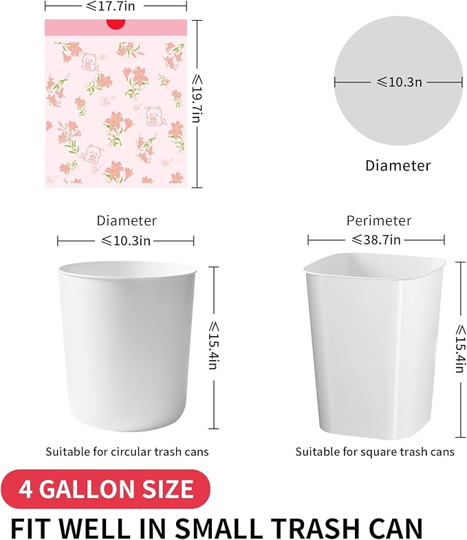 Trash bags, 4 Gallon Trash Bags Drawstring, Colorful & Portable Small Trash Bags with Lily Printed, Tear-Resistant Garbage Bags 4 Gallon for Bathroom Office Trash Cans, 30 Count