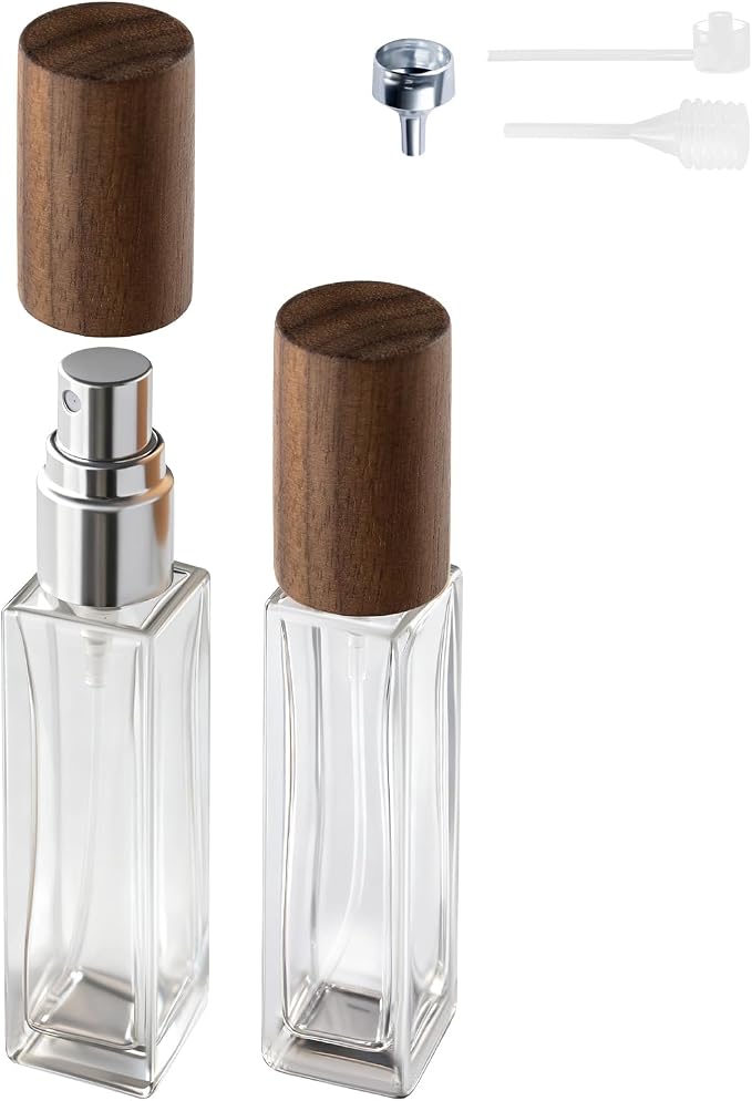 Perfume Atomizer, Refillable Spray Perfume Bottles 2pcs 0.3oz/10ml | Real Wood Lid, Classic Looking, Leak-Proof, Compact Size, Solid Bottle, Daily Touch-Up Spraying