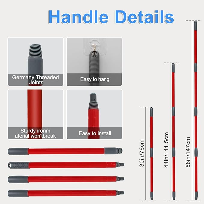 Spin Mop Handle Replacement for Ocedar, Mop Heads Replacements Compatible with RinseClean 2 Tank System, Include 2 Microfiber Spin Mop Replace Heads,4 Section Iron Mop Handle,1 Base and 1 Scrub Brush