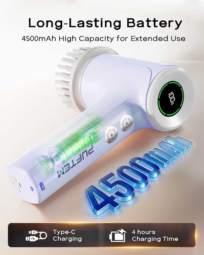PUFTEM Electric Shower Scrubber, Cordless Bathroom Scrubber, Dual Direction | Dual Direction Cleaning, 6 Replaceable Brush Heads, IPX7 Waterproof, Kitchen, Grout, Tile, Tub, Sink and Corner Cleaning