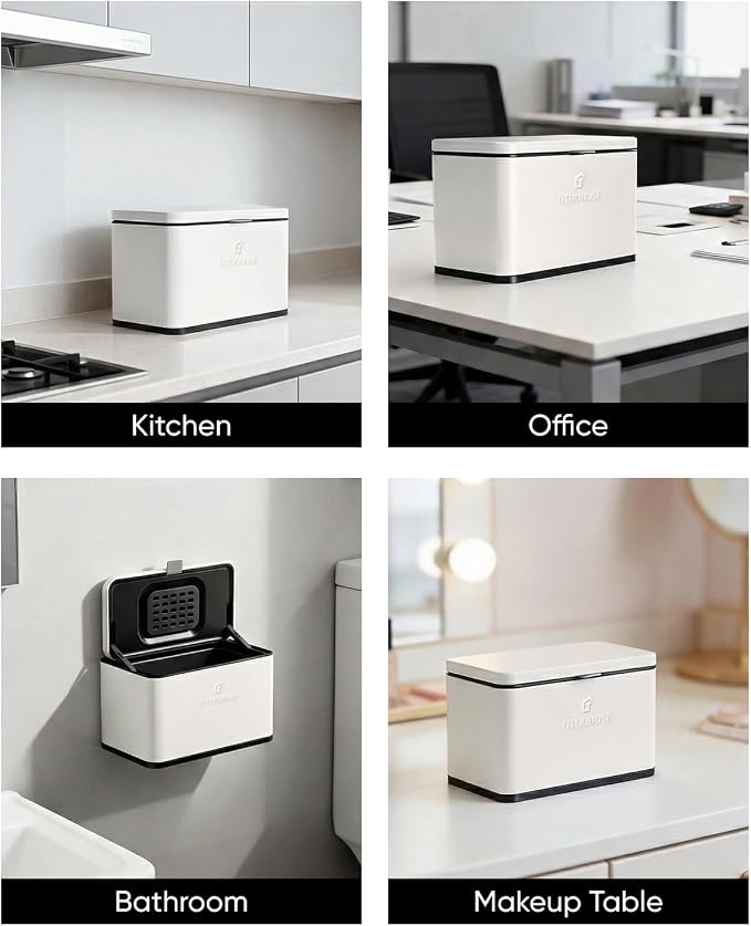 Kitchen Mini Compost Bin, 4L/1G Small Trash Can with Lid, Slim Stainless Steel Hanging Garbage Bin for Kitchen, Bathroom, Bedroom, Office, Wall Mounted Compost Bin with Inner Bucket, White