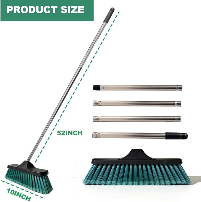 Small Floor Scrub Brush with 4-Section Stainless Steel Handle, 52" Adjustable Long Handle, 5-Row Dense Flagged Bristles, for Tile, Bathroom, Patio, Indoor & Outdoor Cleaning (Black+Green)