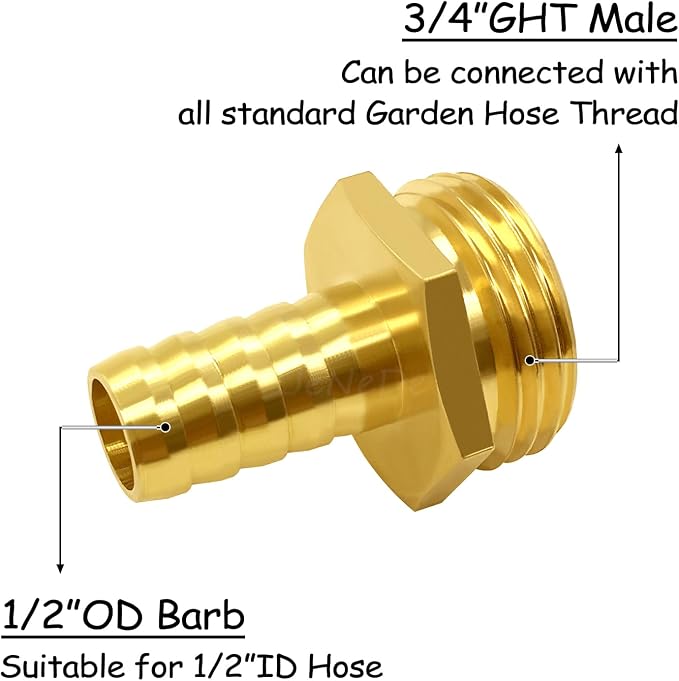 Uenede Brass 1/2" Barb x 3/4" GHT Male Garden Hose End Connector, 2PCS | Splicer Mender Repair Fitting Fit for 1/2"ID Garden Hose Includes Clamps