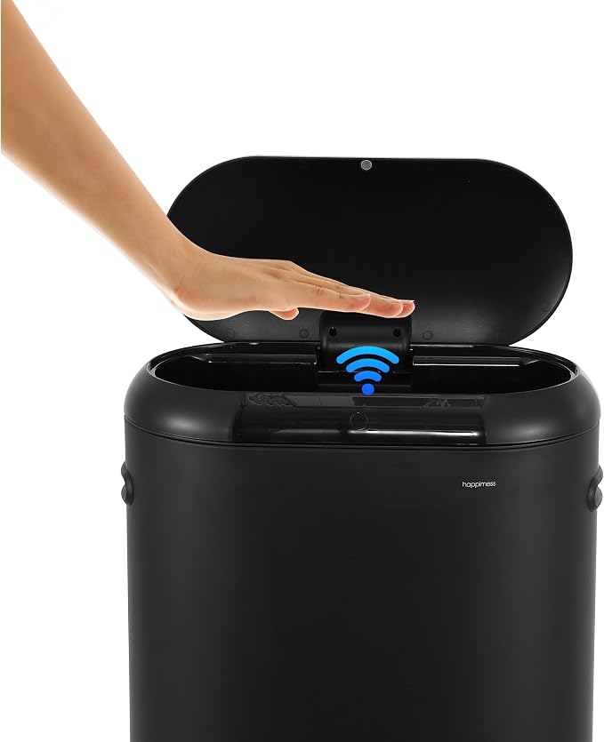 happimess 13.2 Gal Oval Motion Sensor Trash Can, Charcoal Black | Oval, Motion Sensor, Touch Mode, Soft Close Lid, Powder Coated Iron, Side Handles, 17.7" W x 9.84" D x 24.2" H