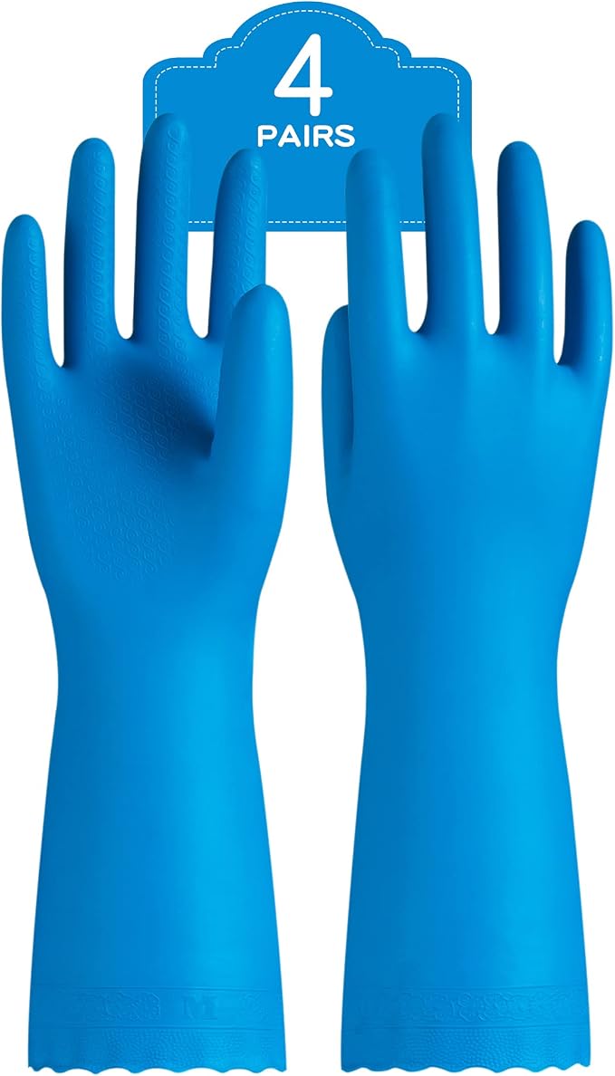 4 Pairs Dishwashing Gloves, Cotton Flocked Liner, Blue, Medium | Waterproof dishwashing gloves with non-slip grip, soft cotton lining, flexible fit for kitchen, bathroom, laundry & cleaning