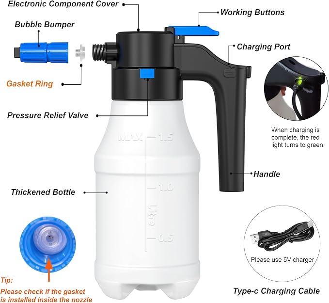 Electric Foam Sprayer,1.5L Pump Sprayer, Pressurized Sprayer with Charge for Home, Garden and Car Beauty and Cleaning Foam Sprayer-Blue