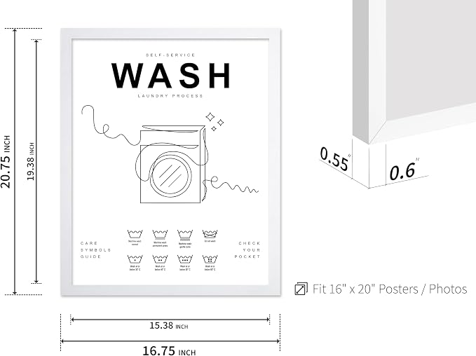 Poster Master 3-Piece Wash Dry Fold Print - Laundry Poster - Line Drawing Art - Black & White Design - Symbols & Guide Art - Minimal Laundry Room Decor - 16x20 White Framed