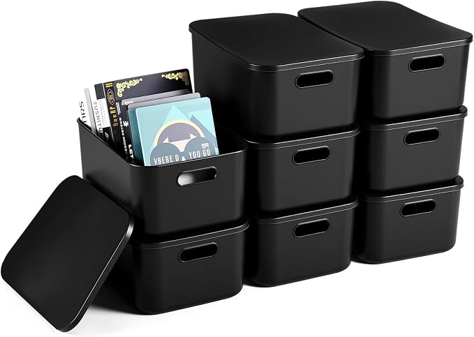 Hoolerry 8 Pack Storage Bins, 13.8 X 9.8 X 5.9 Inch Black | Plastic Stackable Containers with Lid Handle, For Shelves Desktop Playroom Office, Organizing Toys Books Supplies Storage