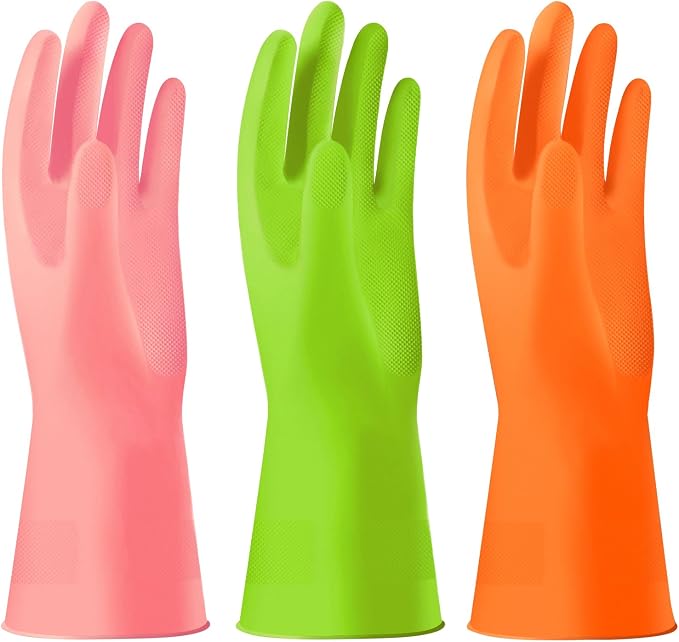Alimat PluS Rubber Gloves Latex Free, Without Liner, 3 Pairs, Large | Reusable Dishwashing Gloves with Non Slip Embossed Texture, Waterproof Nitrile Cleaning Gloves for Laundry, Gardening