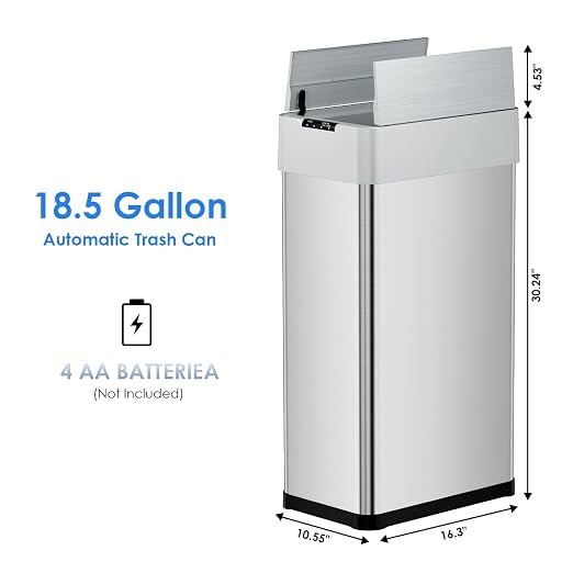 Automatic Trash Can, 18.5 Gallon Touchless Motion Sensor Trash Bin | Smart Garbage Can with Soft-Close Lid, Bag Retainer Ring and Display Light,for Kitchen,Living Room Office (Silver, 70L)