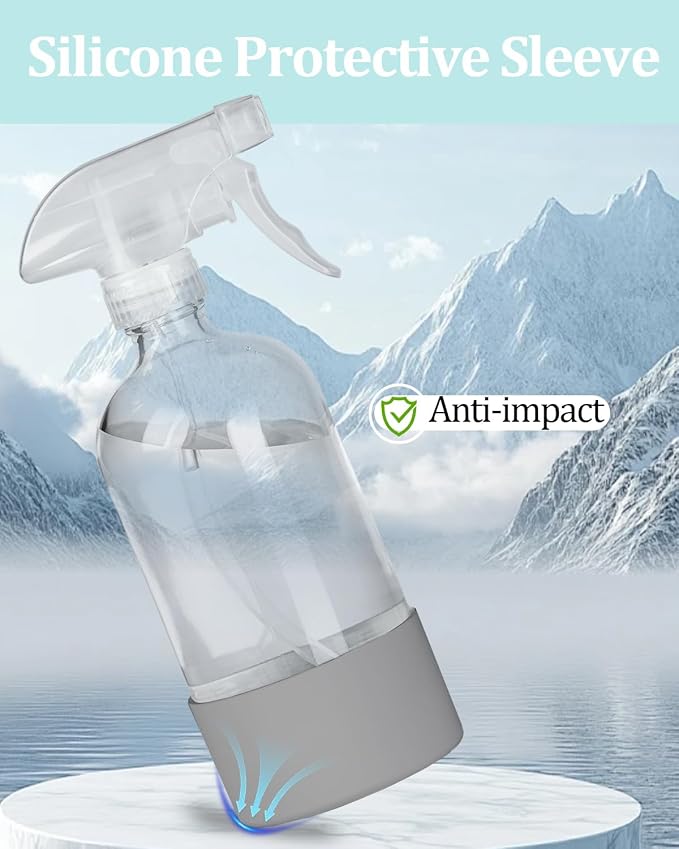 2 Pack 360° Glass Spray Bottles with Silicone Sleeve Grey | 360° Inverted Spray Nozzle, Gravity Ball Designed for Cleaning Crack & Crevice, Leak-proof and Pressure-Resistant Design