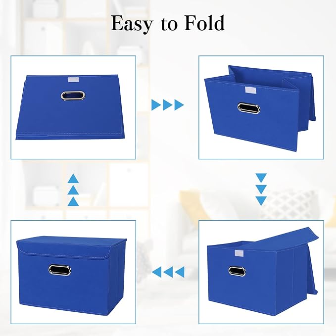 STOREONE Fabric Storage Cube Bins Foldable Organizer Container Collapsible Basket with Lids and Metal Handles, for Home, Bedroom, Closet 8 Pcs (Dark Blue)