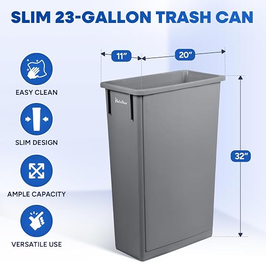 PLASTIC PRINCE 23 Gallon Slim Trash Can Kitchen, Commercial Tall Trash Bin Narrow, Rectangular Slim Jim Skinny Garbage Can for Home Garage Cabinet Restaurant, 6 Pack, Gray