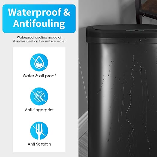 BestOffice | 13 Gallon Plastic Trash Can with Lid | Black | Automatic Touchless Garbage Can | Waterproof & Easy to Clean | For Kitchen, Bathroom, Home or Office | Pack of 1