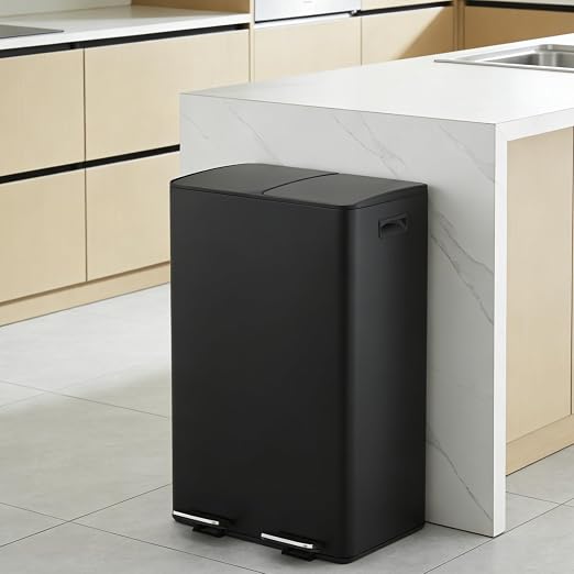 Dual Compartment Trash Can 60L (2x30L), Stainless Steel Recycling Bin with Removable Buckets, Soft Close Odor-Sealing Lid, Collapsible Pedal, Fingerprint Resistant for Home Kitchen or Office