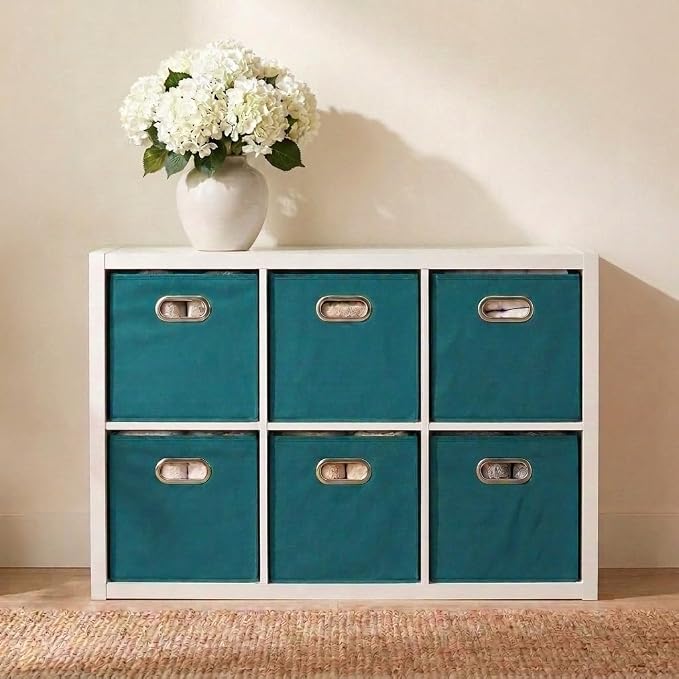 Household Essentials Fabric Storage Bins in Strong Poly‑Woven Fabric, Sturdy Chipboard Sides, Grommet Front Handle, Teal Green, Set of 6