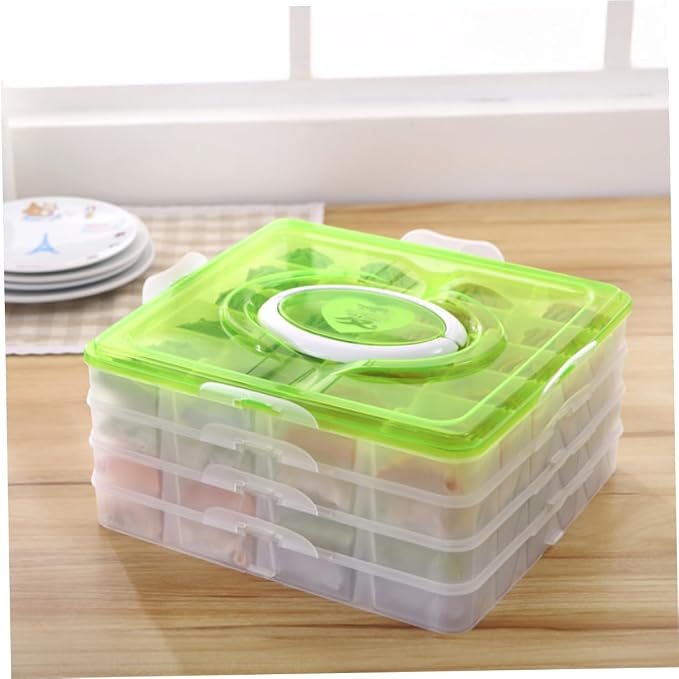 Portable Dumpling Storage Box Four Layers 18 Slots PP Organizer | Stackable Trays with Two Buckles Each, Handle for Carrying, Green Simple Design for Camping and Housekeeping
