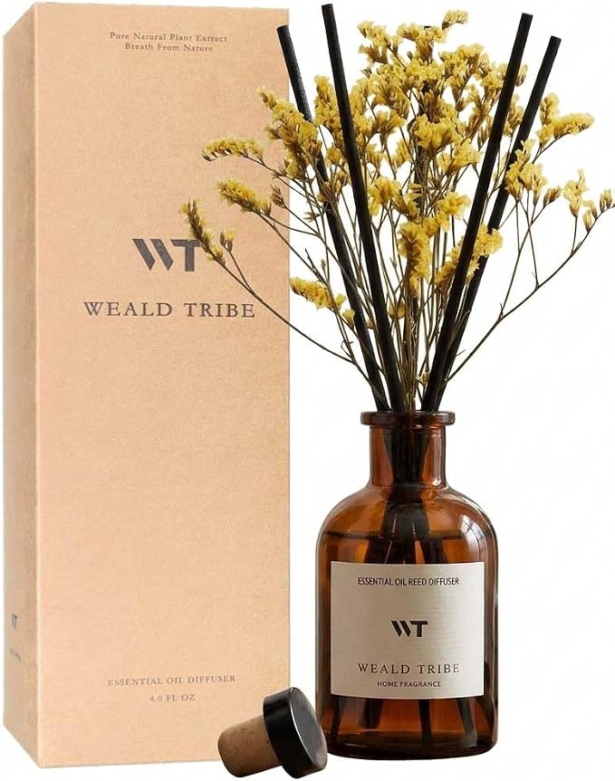 Reed Diffuser Set for Bathroom Air Fresheners, Oil Diffuser Sticks with Flower | Lemongrass Scent 4.0 fl oz Home Fragrance with Sticks Defusers | House Bedroom Office Shelf Decor