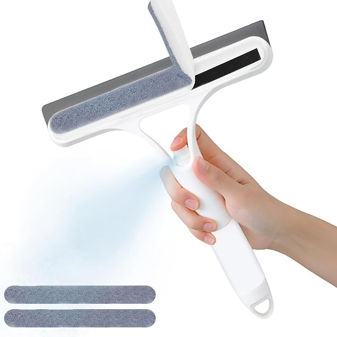 3-in-1 Spray Window Squeegee with Scraper and 2 Cotton Pads, White | Spray, wipe, and squeegee glass with one handheld tool; includes two replaceable cotton cleaning strips