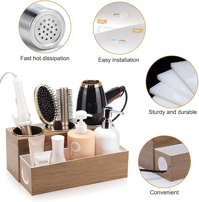 GFWARE Hot Hair Styling Tool Organizer with 3 Stainless Steel Cups, Wood | Hair Accessories Bathroom Vanity Storage, Hair Dryer, Blow Dryer, Curling Iron, Flat Iron, Hot Tools Cooling, Wood-Look