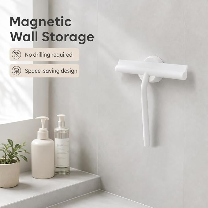 Shower Squeegee for Glass Doors, Full Silicone Jacketed Squeegee with Ergonomic Handle & No-Drill Hook, Cleaning Tool for Windows, Mirrors, Tiles, Bathroom & Car - White