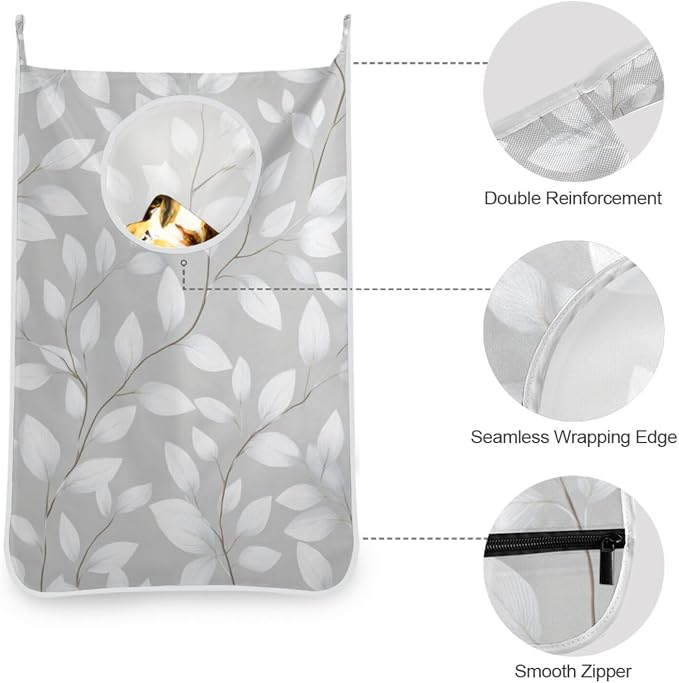 Grey Simple Leaves Hanging Laundry Hamper Door Hampers Bag Basket with Stainless Steel Hooks Oxford Fabric Printing Decorative Clothes Bags 29.5X20inch 1Pack