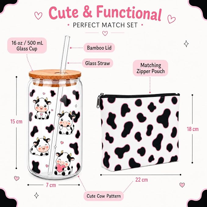 Cow Print Cup - Cow Tumbler with Lid and Straw, Cute Cow Water Bottle with Makeup Bag